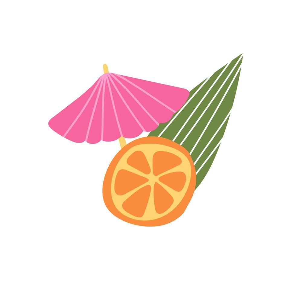 Orange fruit slice and leaves and umbrella for cocktail - vector illustration