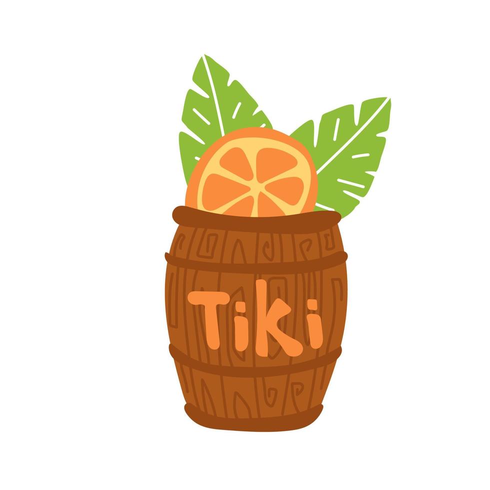 Tiki cocktail in a brown barrel glass. Citrus bar cocktail. Summer drink vector