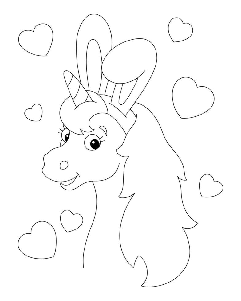 cabeza mágica de unicornio con orejas de conejo. caballo de hadas página de libro para colorear para niños. personaje de estilo de dibujos animados. ilustración vectorial aislado sobre fondo blanco. vector