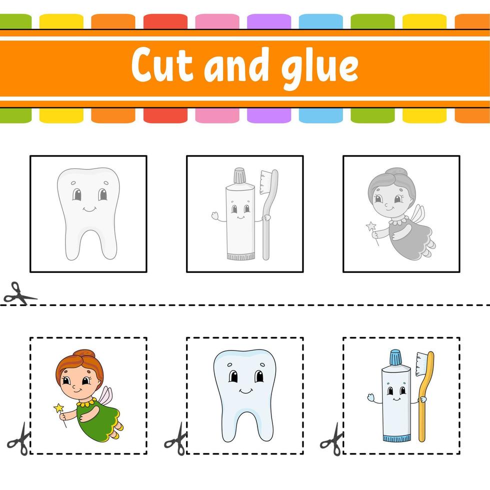 Cut and glue. Game for kids. Education developing worksheet. Color activity page. cartoon character. vector