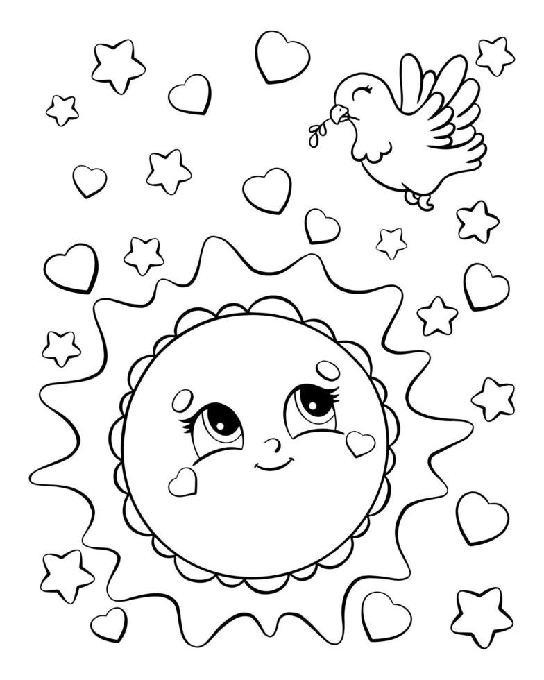 página de libro para colorear para niños. sol y paloma. personaje de estilo de dibujos animados. ilustración vectorial aislado sobre fondo blanco. vector