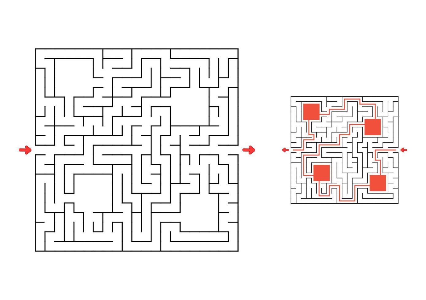 Square maze with answer. Game for kids. Puzzle for children. Labyrinth conundrum. Find the right path. vector