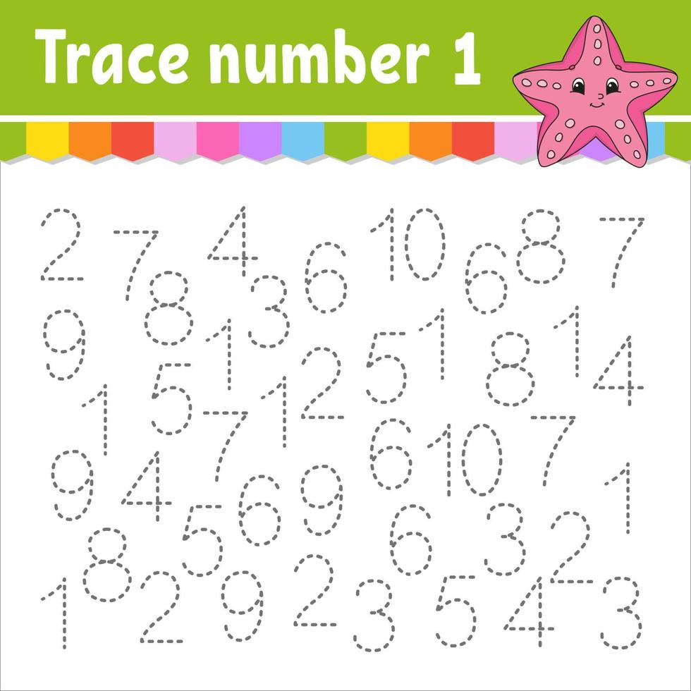 Trace number . Handwriting practice. Learning numbers for kids. Education developing worksheet. Activity page. Game for toddlers and preschoolers. Isolated vector illustration in cute cartoon style.