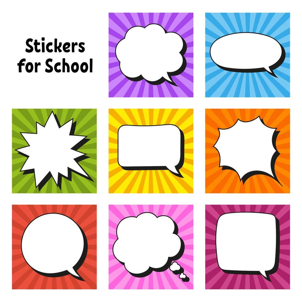 Text bubbles. Bright stickers. Comic cloud label. Color vector isolated illustration.