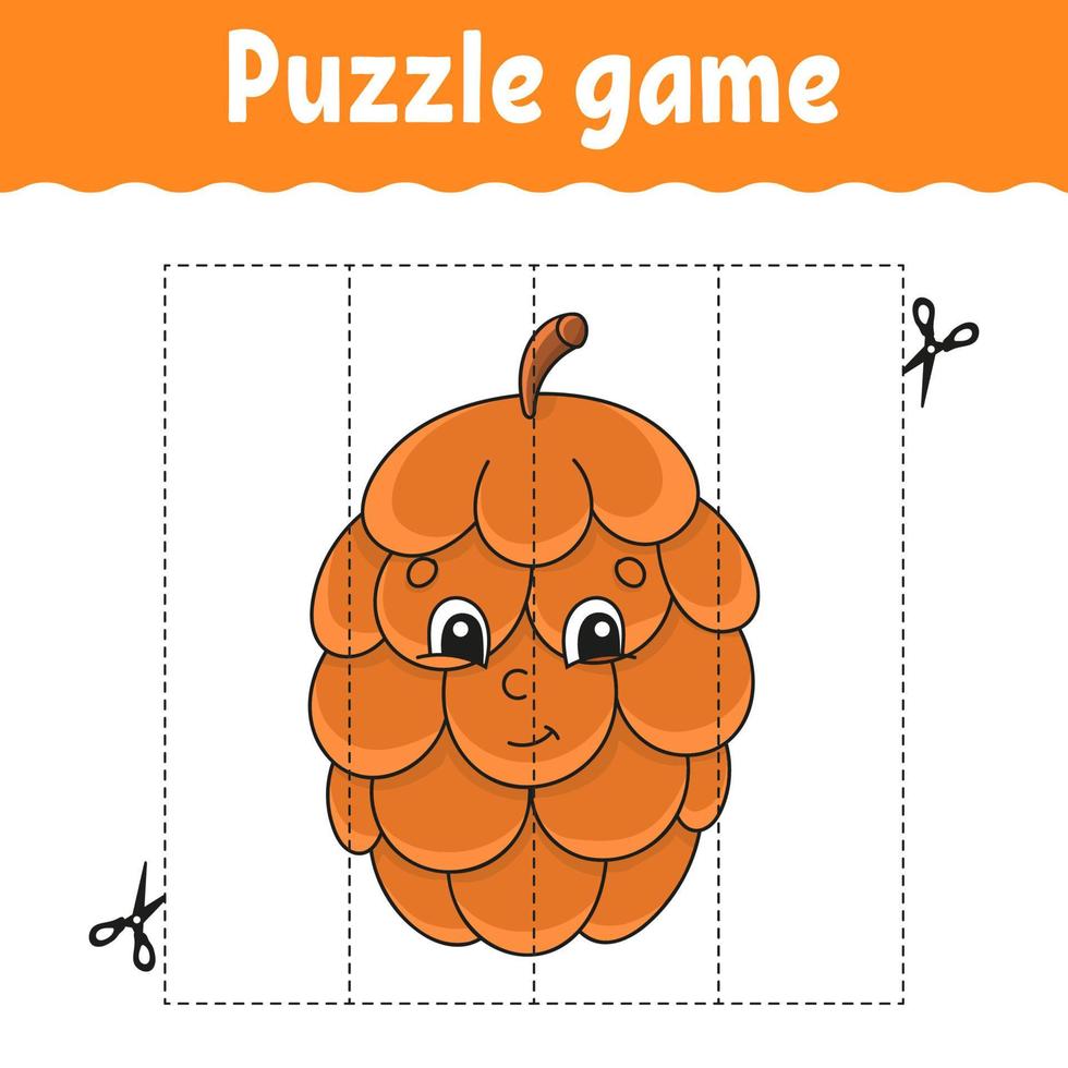 Puzzle game for kids. Cutting practice. Education developing worksheet. Autumn theme. Activity page. cartoon character. Vector illustration.