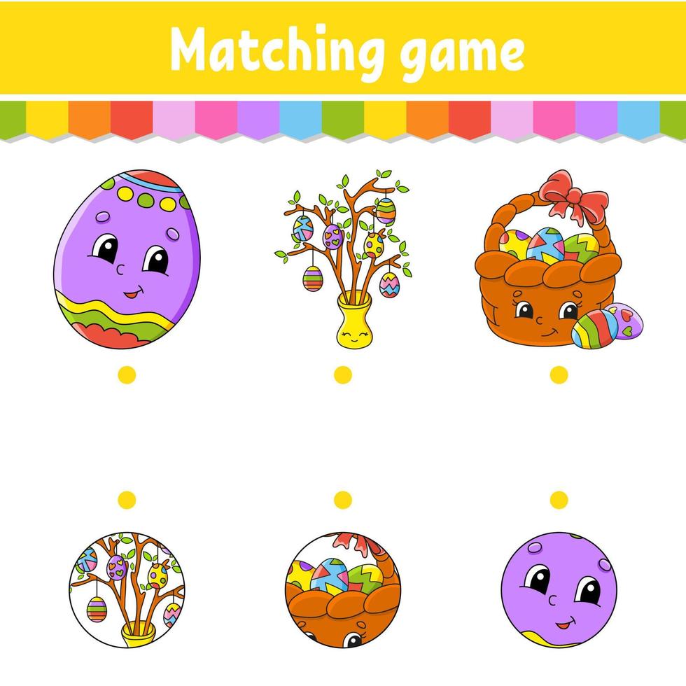 Matching game for kids. Education developing worksheet. Draw a line. Easter theme. Activity page. cartoon character. Vector illustration.