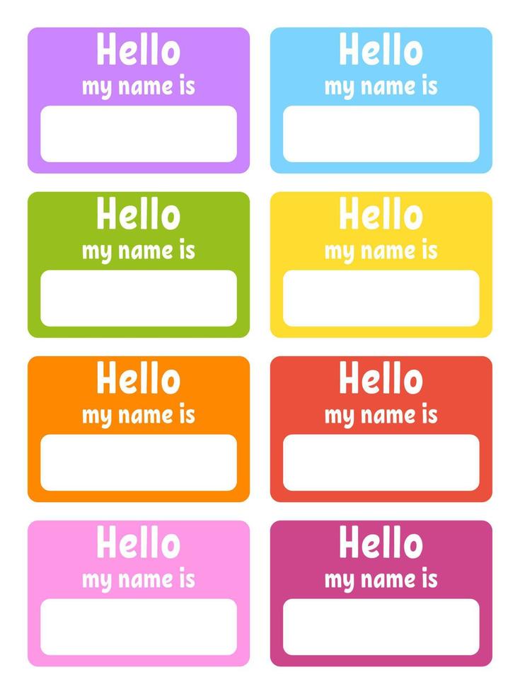 Hello name badge. Bright stickers. Rectangular label. Color vector isolated illustration.