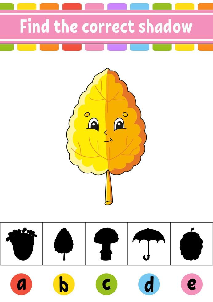 Find the correct shadow. Education developing worksheet. Activity page. Autumn theme. Color game for children. Isolated vector illustration. Cartoon character.