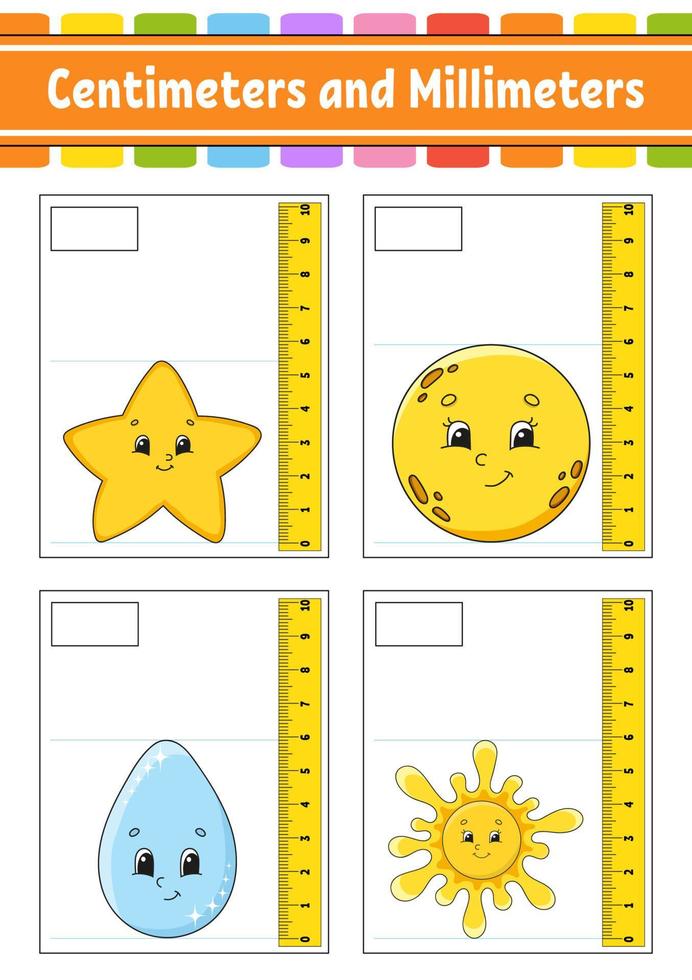 Measuring length in centimeter and millimeter. Education developing worksheet. Game for kids. Color activity page. Puzzle for children. Cute character. Vector illustration. cartoon style.