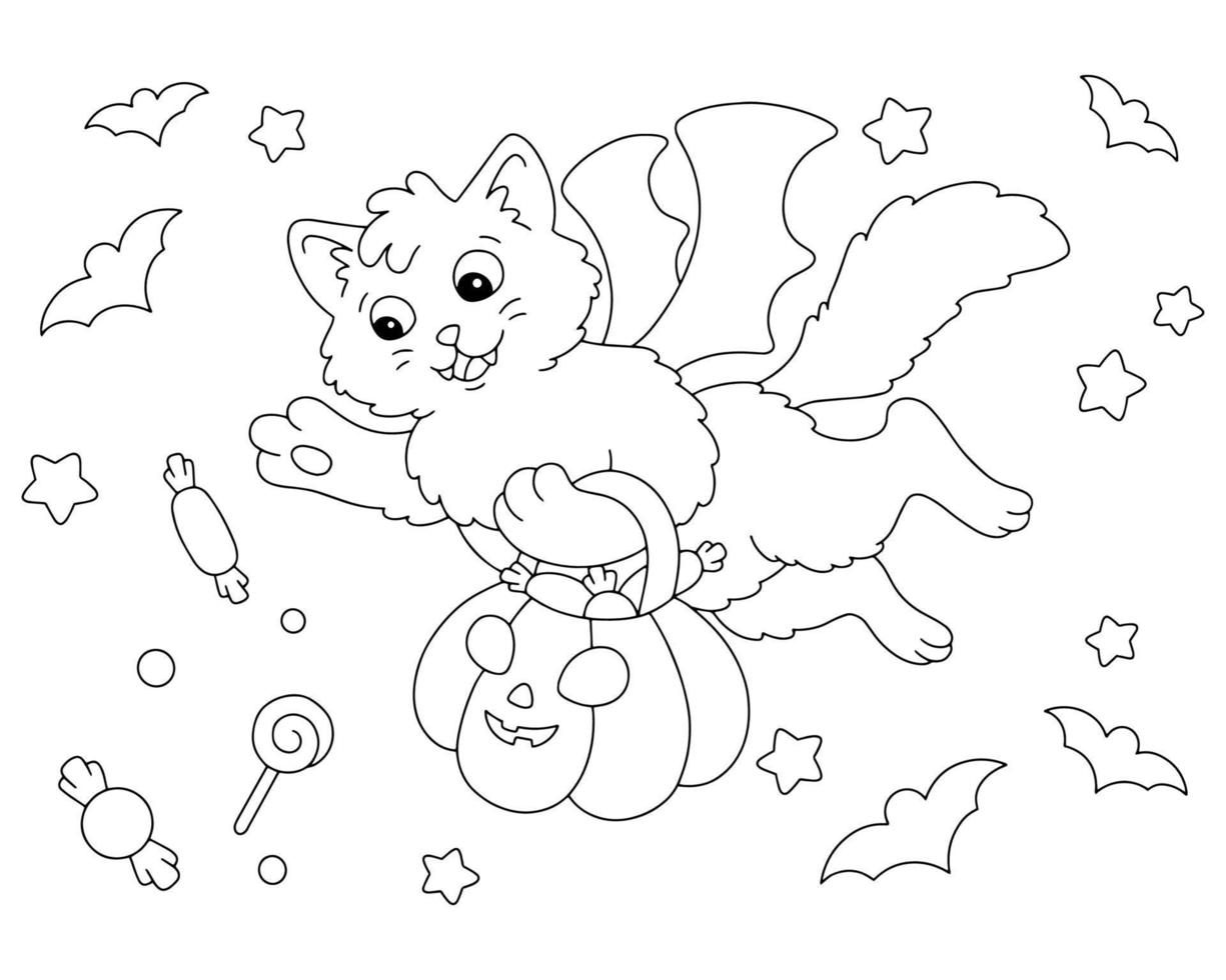 A cute cat carries a pumpkin with sweets in its paws. Halloween theme. Coloring book page for kids. Cartoon style character. Vector illustration isolated on white background.