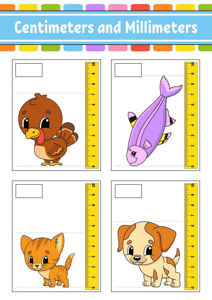 Measuring length in centimeter and millimeter. Education developing worksheet. Game for kids. Color activity page. Puzzle for children. Cute character. Vector illustration. cartoon style.