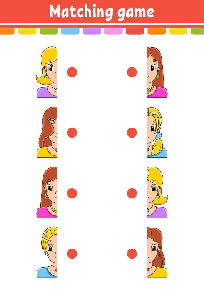 Matching game. Draw a line. Education developing worksheet. Activity page with color pictures. Riddle for children. Isolated vector illustration. Cute character. Cartoon style.