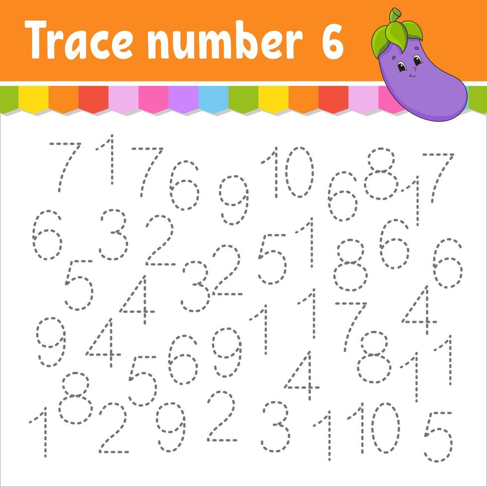 Trace number . Handwriting practice. Learning numbers for kids. Education developing worksheet. Activity page. Game for toddlers and preschoolers. Isolated vector illustration in cute cartoon style.