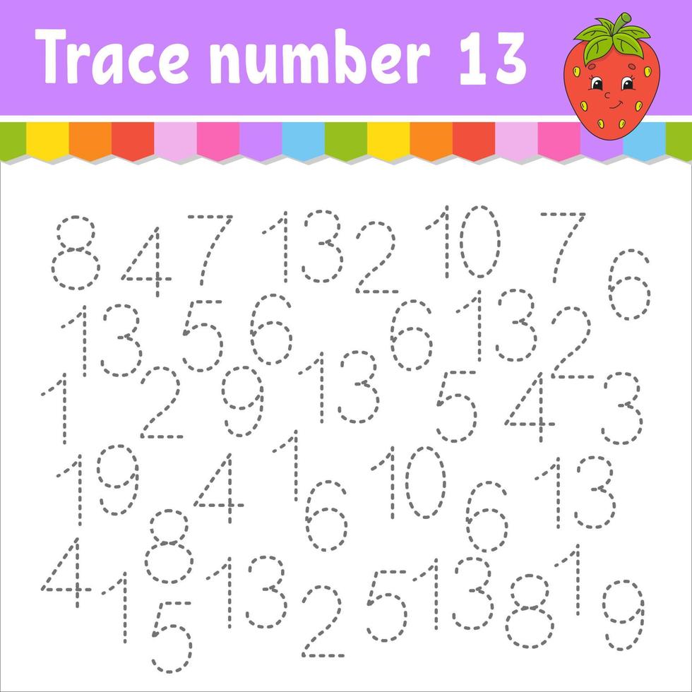 Trace number . Handwriting practice. Learning numbers for kids. Education developing worksheet. Activity page. Game for toddlers and preschoolers. Isolated vector illustration in cute cartoon style.
