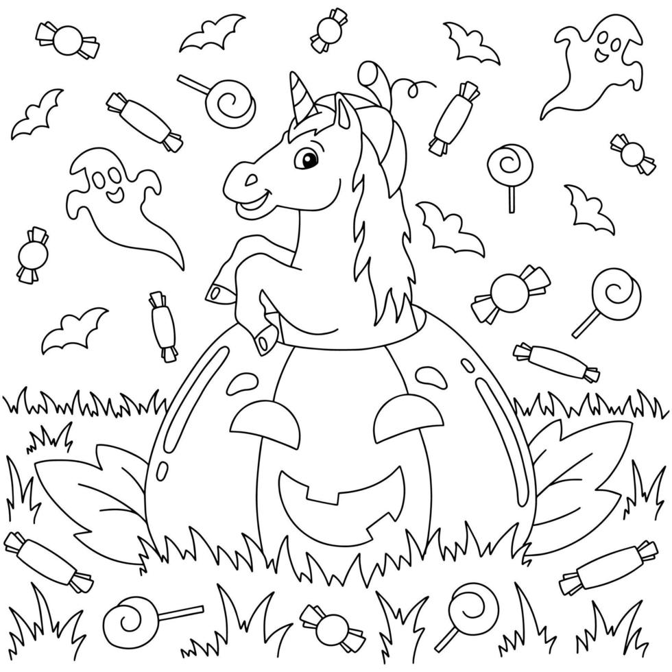 Funny unicorn jumping out of a pumpkin for halloween holiday. Coloring book page for kids. Cartoon style character. Vector illustration isolated on white background.