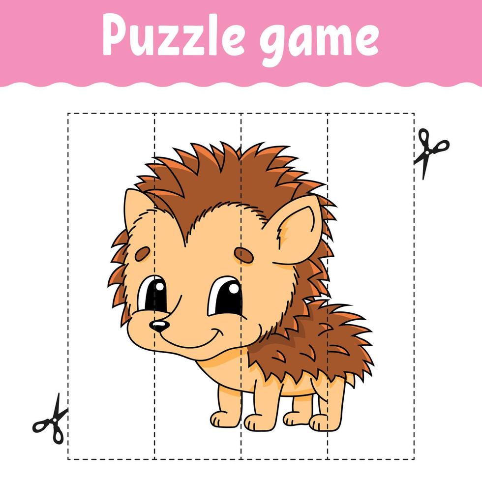 Puzzle game for kids. Cutting practice. Education developing worksheet. Autumn theme. Activity page. cartoon character. Vector illustration.