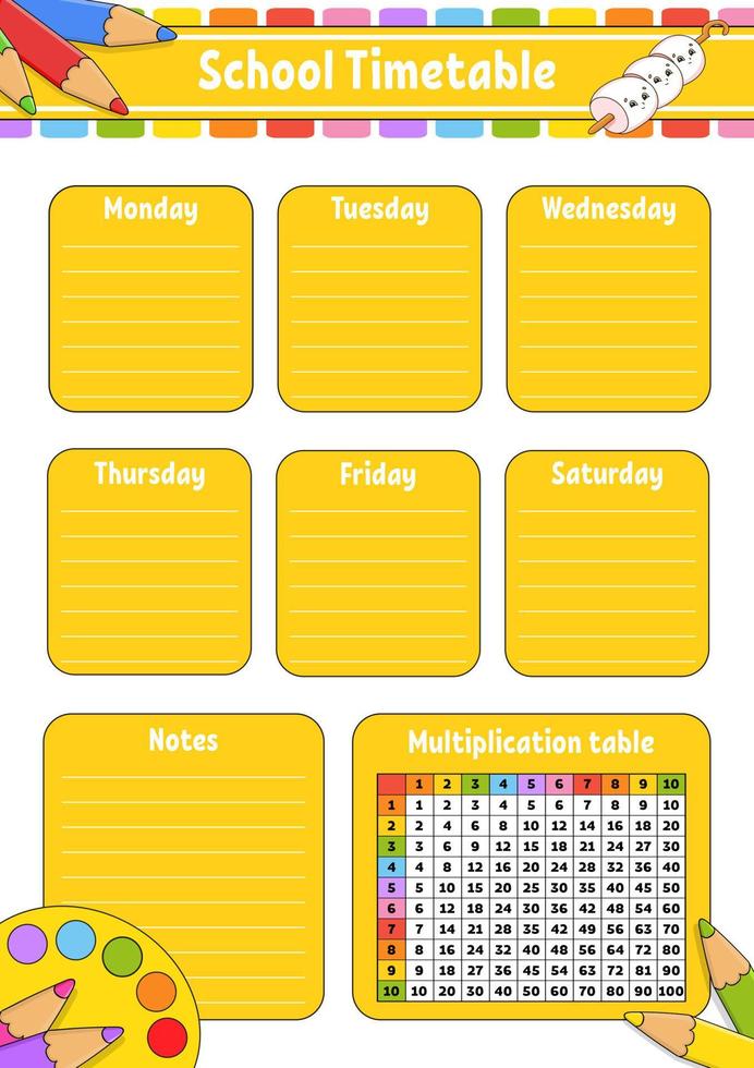 horario escolar con tabla de multiplicar. para la educación de los niños. Aislado en un fondo blanco. con un lindo personaje de dibujos animados. vector