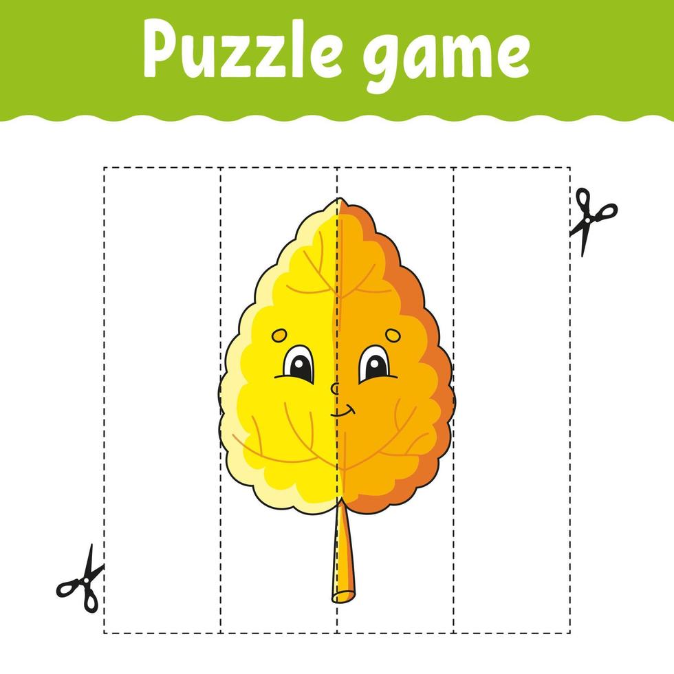 Puzzle game for kids. Cutting practice. Education developing worksheet. Autumn theme. Activity page. cartoon character. Vector illustration.