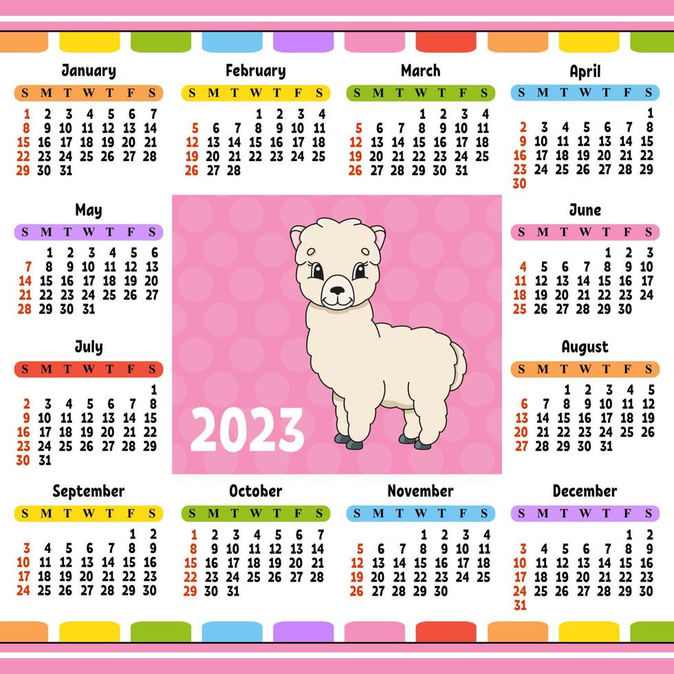 calendario para 2023 con un lindo personaje. diseño divertido y brillante. ilustración de vector de color aislado. estilo de dibujos animados