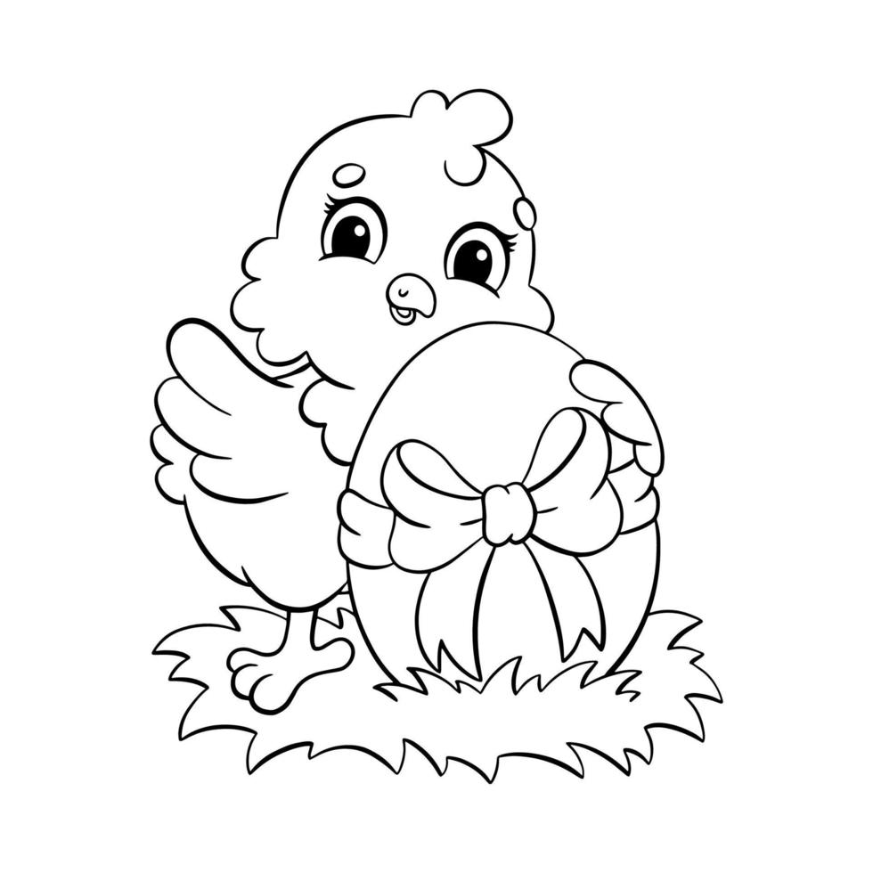 Cute chick wishes happy easter. Coloring book page for kids. Cartoon style character. Vector illustration isolated on white background.