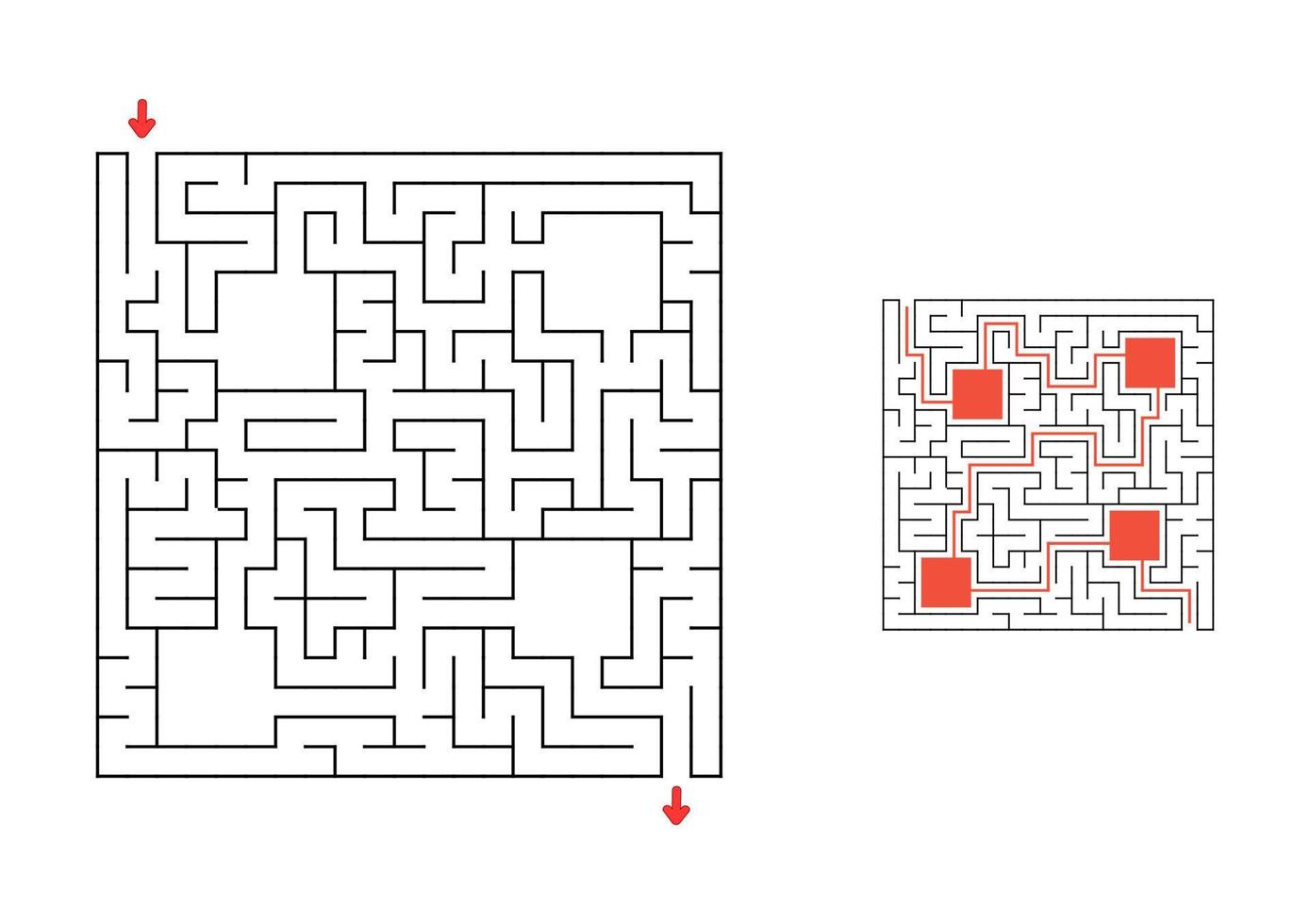 laberinto cuadrado con respuesta. juego para niños rompecabezas para niños. enigma del laberinto. encontrar el camino correcto. vector