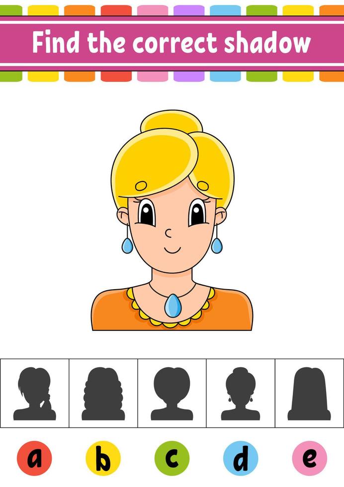 Find the correct shadow. Education developing worksheet. Activity page. Color game for children. Isolated vector illustration. Cartoon character.