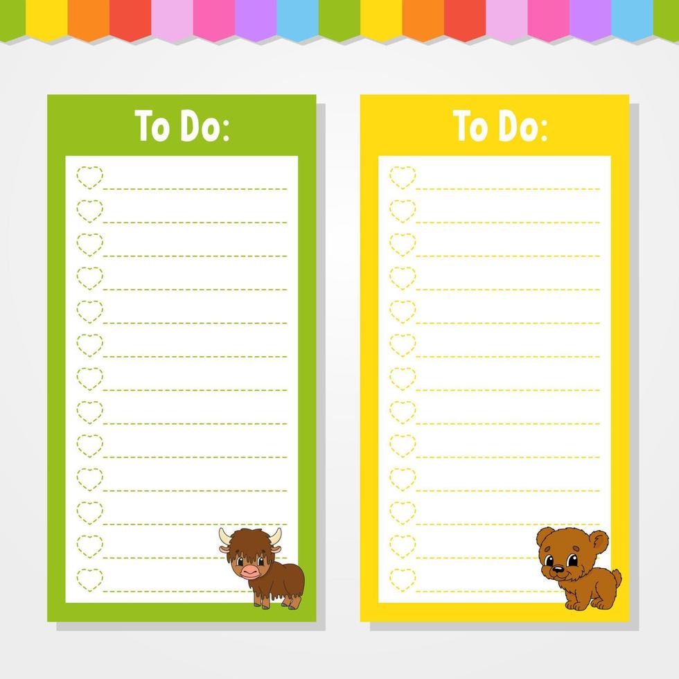 To do list for kids. Empty template. The rectangular shape. Isolated color vector illustration. Funny character. cartoon style. For the diary, notebook, bookmark.