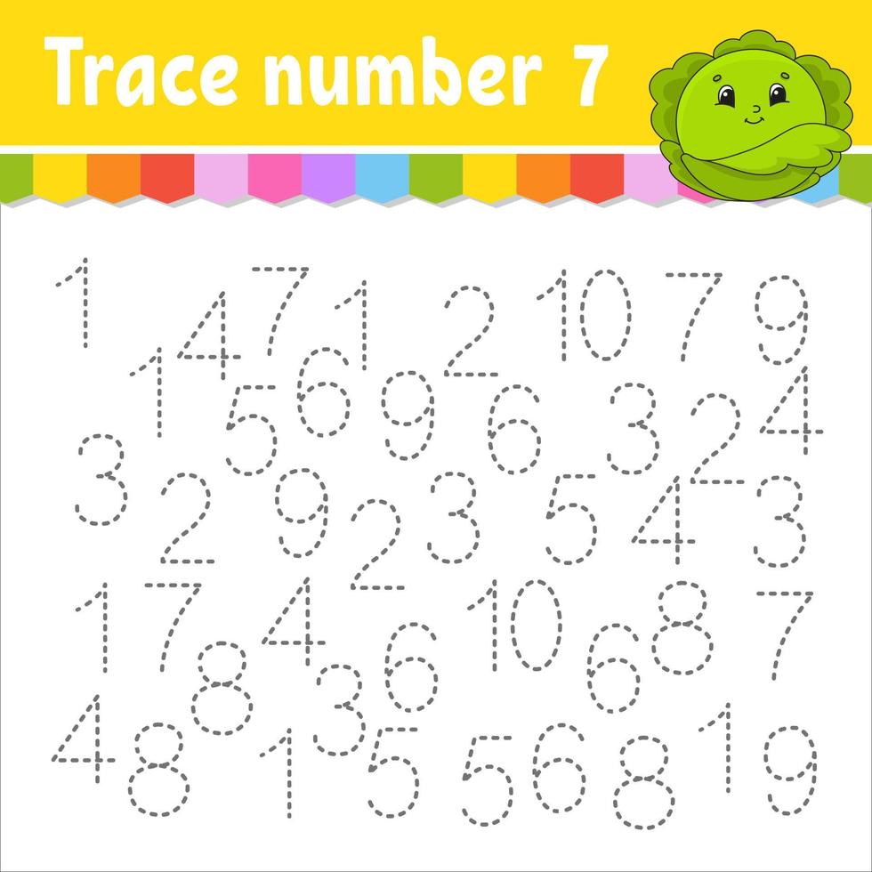 Trace number . Handwriting practice. Learning numbers for kids. Education developing worksheet. Activity page. Game for toddlers and preschoolers. Isolated vector illustration in cute cartoon style.