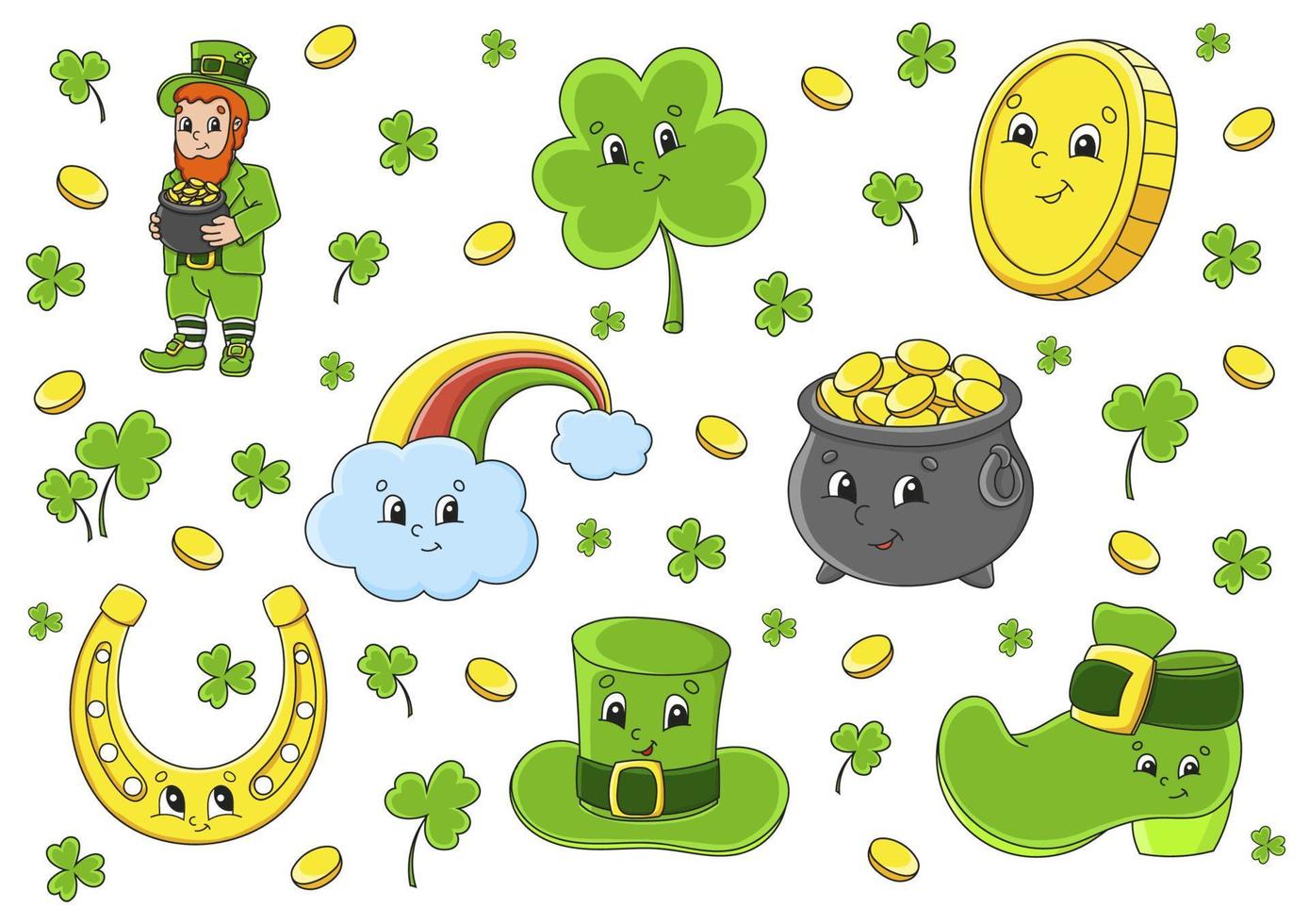 Set of stickers with cute cartoon characters. St. Patrick's Day. Hand drawn. Colorful pack. Vector illustration. Patch badges collection for kids. For daily planner, organizer, diary.