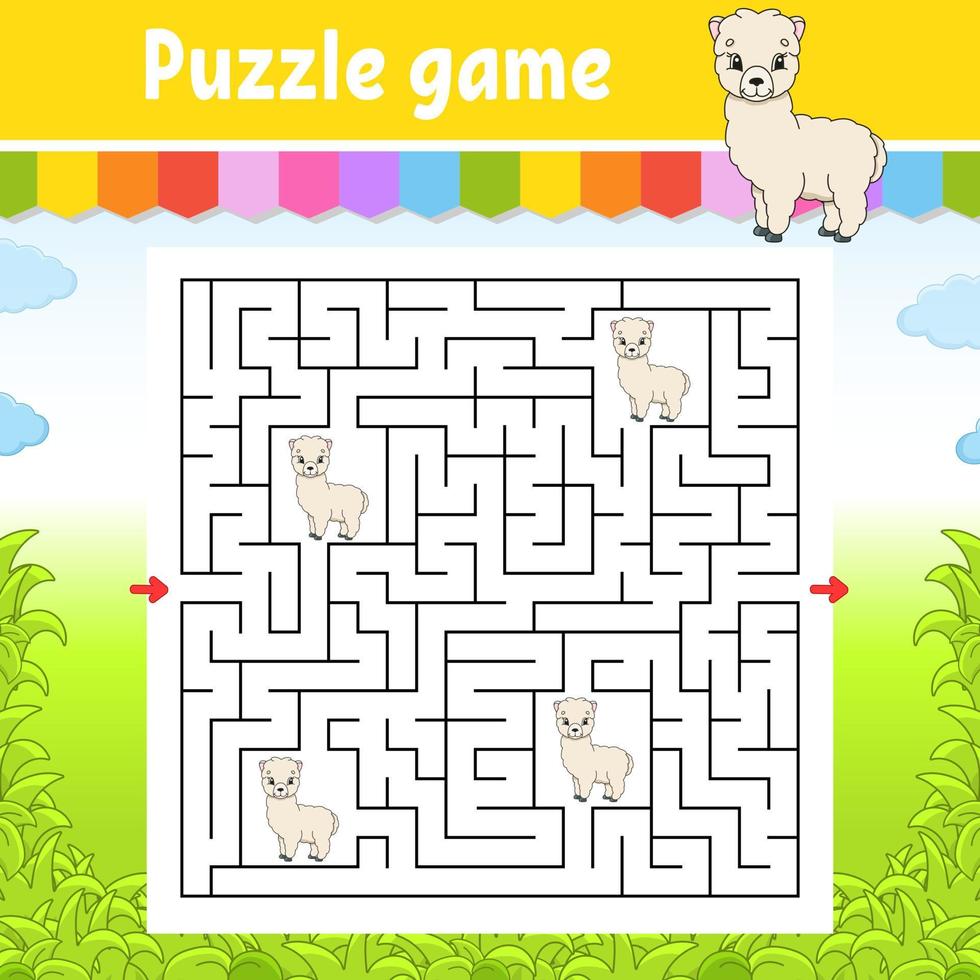 Square maze. Game for kids. Puzzle for children. Labyrinth conundrum. Color vector illustration. Find the right path. Isolated vector illustration. cartoon character.