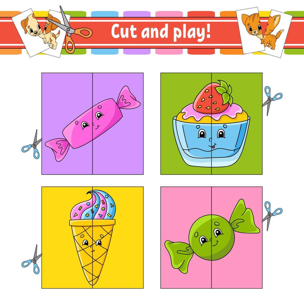 Cut and play. Flash cards. Color puzzle. Education developing worksheet. Birthday theme. Activity page. Game for children. Funny character. Isolated vector illustration. cartoon style.