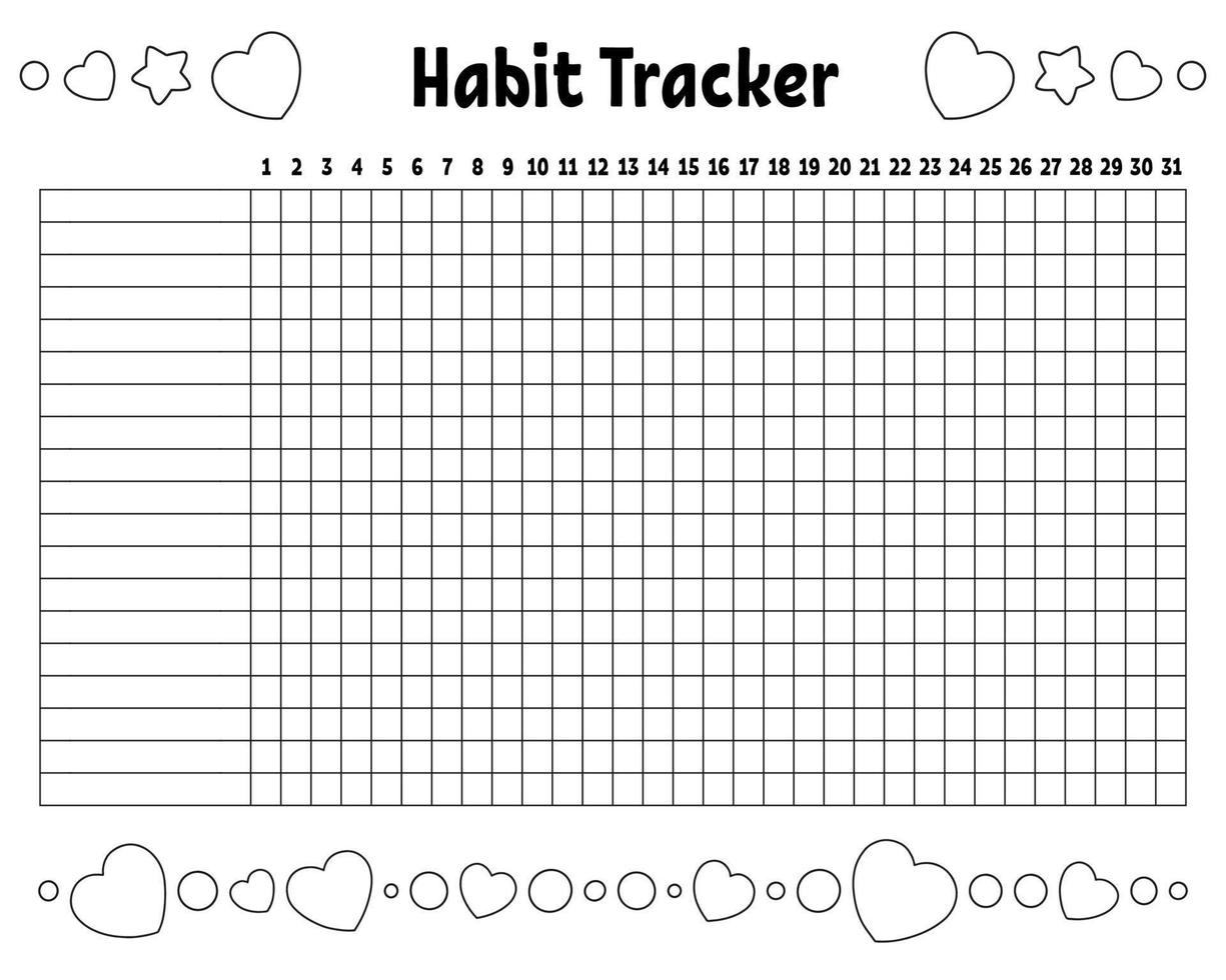 Habit tracker to improve your life. Sheet template for printing. Vector illustration isolated on white background.
