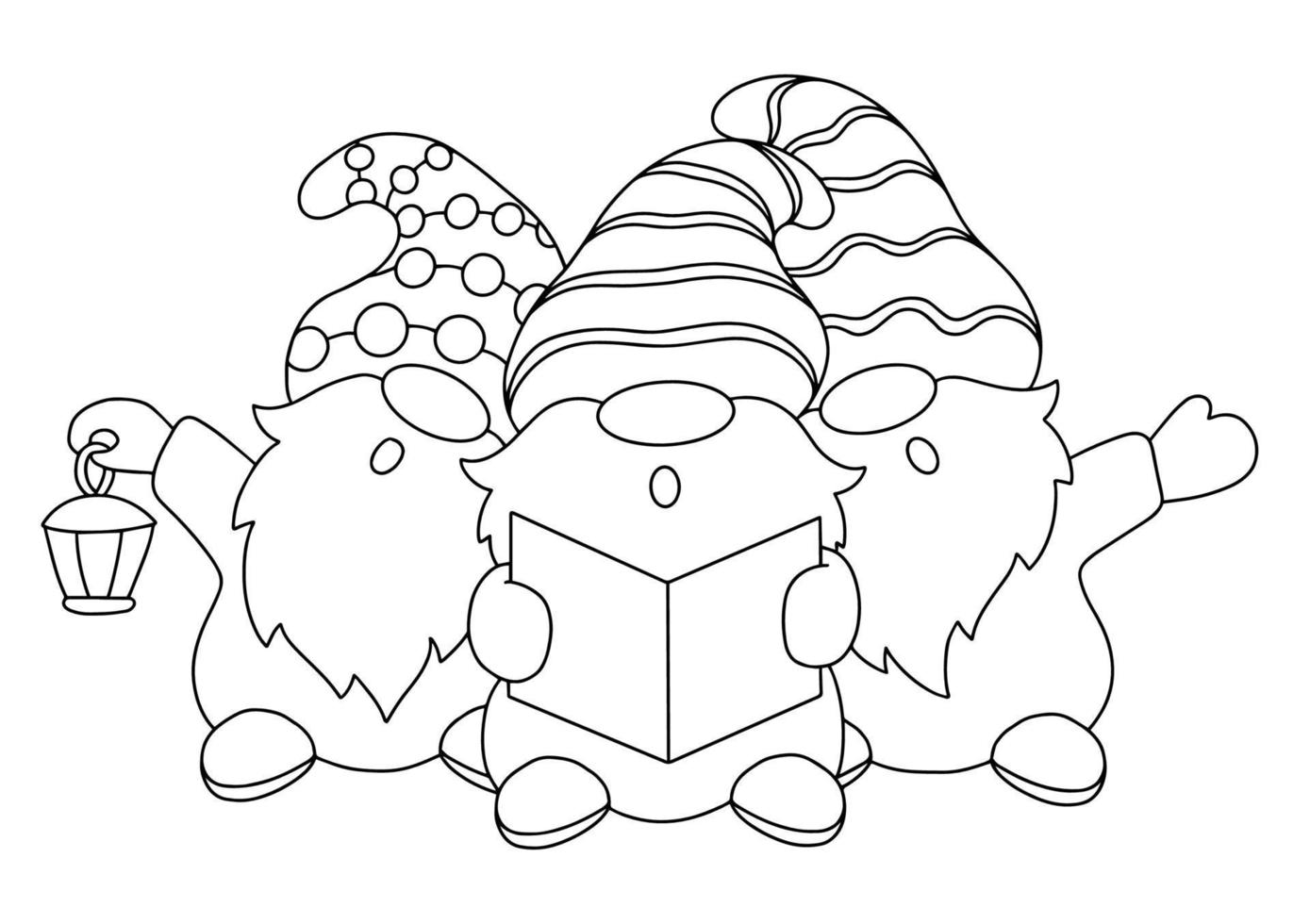 The dwarfs are singing Christmas carols. Coloring book page for kids. Cartoon style character. Vector illustration isolated on white background.