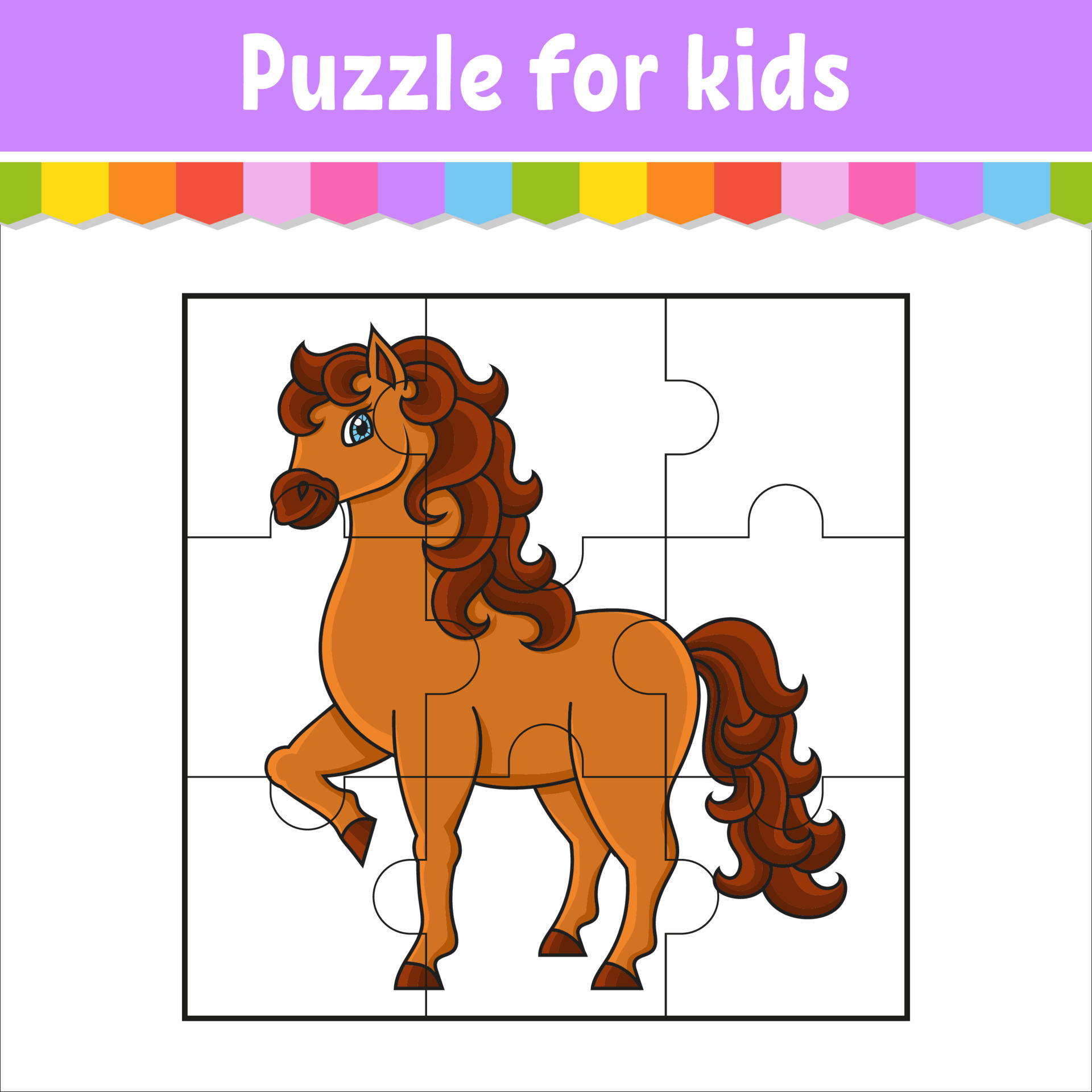 Puzzle game for kids. Cute horse. Farm animal. Jigsaw pieces. Color