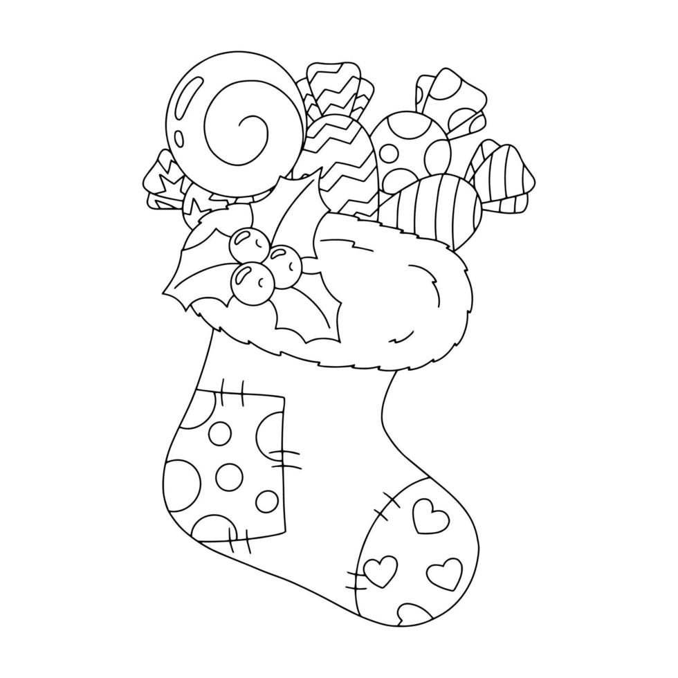 Coloring book page for kids. Christmas sock with gifts. Cartoon style ...