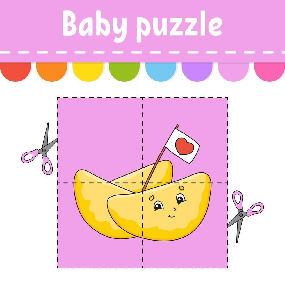 Baby puzzle. Easy level. Flash cards. Cut and play. Color activity worksheet. Game for children. cartoon character. vector