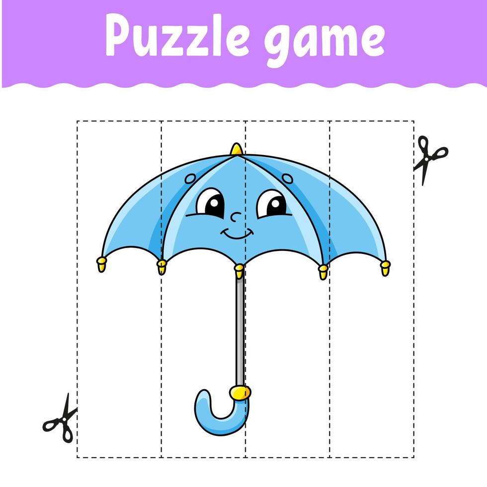 Puzzle game for kids. Cutting practice. Education developing worksheet. Autumn theme. Activity page. cartoon character. Vector illustration.