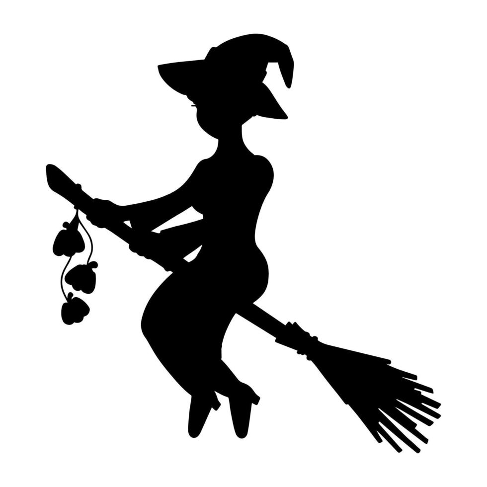 Witch in a hat flies on a broomstick. Black silhouette. Design element. Vector illustration isolated on white background. Template for books, stickers, posters, cards, clothes. Halloween theme.