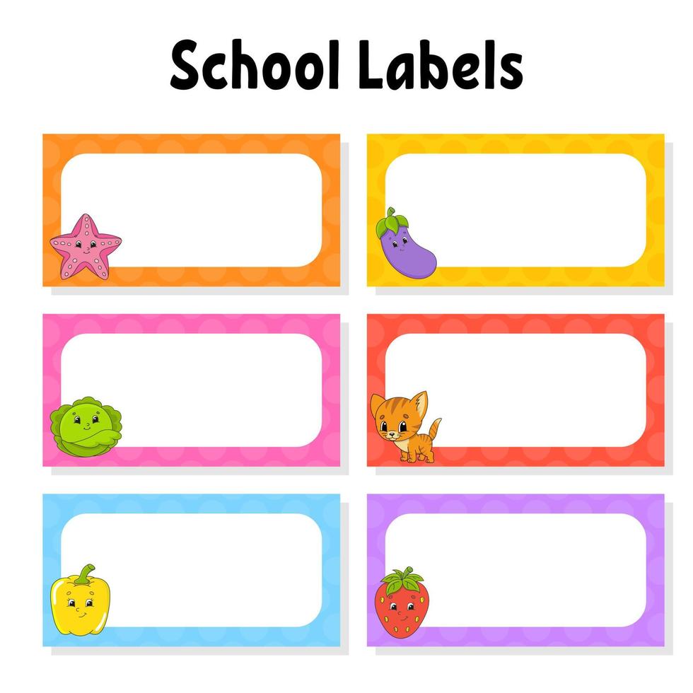 Set stickers for school. Empty template. Name tags, gift labels. Perfect for folders, daily journals, notebooks, lunch bags, pencil boxes. Rectangular label. Color vector isolated illustration.