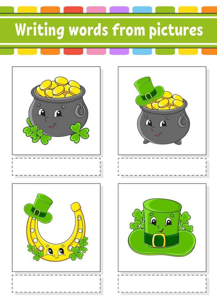 Writing words from pictures. Education developing worksheet. Activity page for kids. Puzzle for children. Isolated vector illustration. cartoon characters. St. Patrick's day.