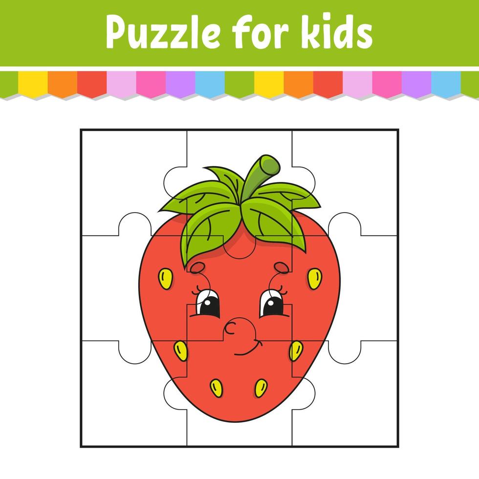 Puzzle game for kids. Berry strawberry. Jigsaw pieces. Color worksheet. Activity page. Isolated vector illustration. cartoon style.