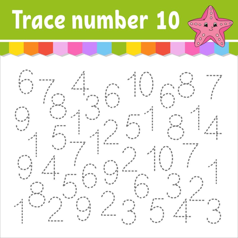Trace number . Handwriting practice. Learning numbers for kids. Education developing worksheet. Activity page. Game for toddlers and preschoolers. Isolated vector illustration in cute cartoon style.