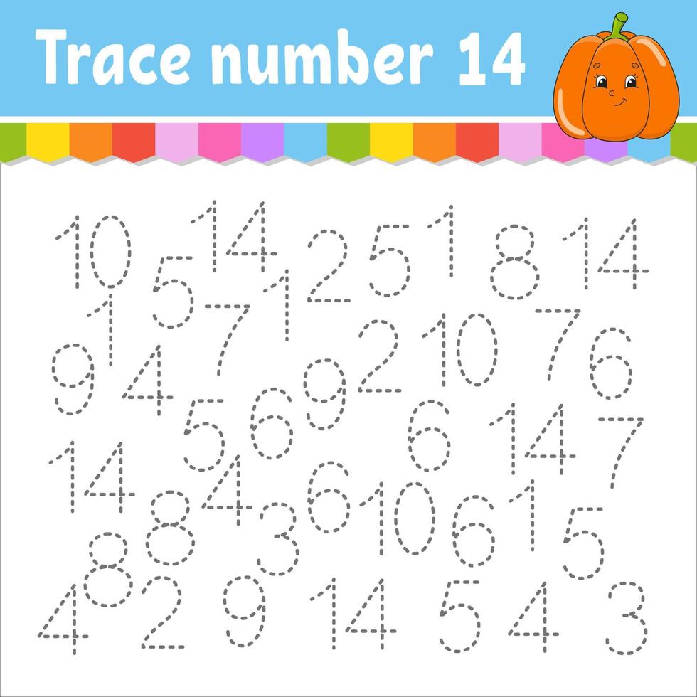 Trace number . Handwriting practice. Learning numbers for kids. Education developing worksheet. Activity page. Game for toddlers and preschoolers. Isolated vector illustration in cute cartoon style.
