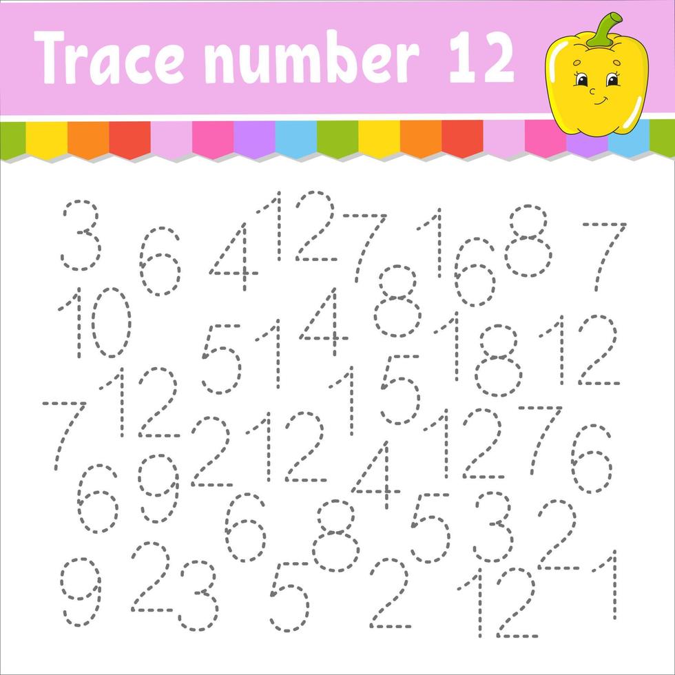 Trace number . Handwriting practice. Learning numbers for kids. Education developing worksheet. Activity page. Game for toddlers and preschoolers. Isolated vector illustration in cute cartoon style.