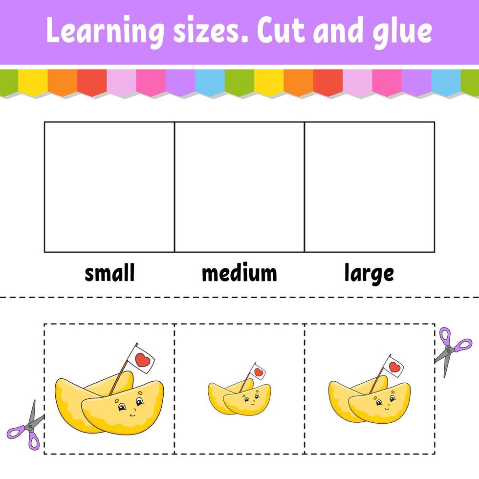 Learning sizes. Cut and glue. Easy level. Color activity worksheet. Game for children. Cartoon character. Vector illustration.