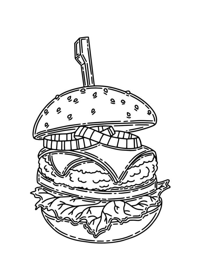 Appetizing hamburger. Black silhouette. Design element. Hand drawn sketch. Vintage style. Vector illustration isolated on white background.