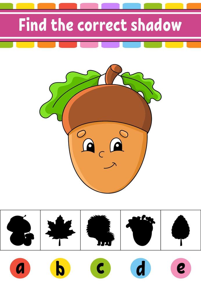 encontrar la sombra correcta. hoja de trabajo de desarrollo educativo. pagina de actividades tema de otoño. juego de colores para niños. ilustración vectorial aislada. personaje animado. vector