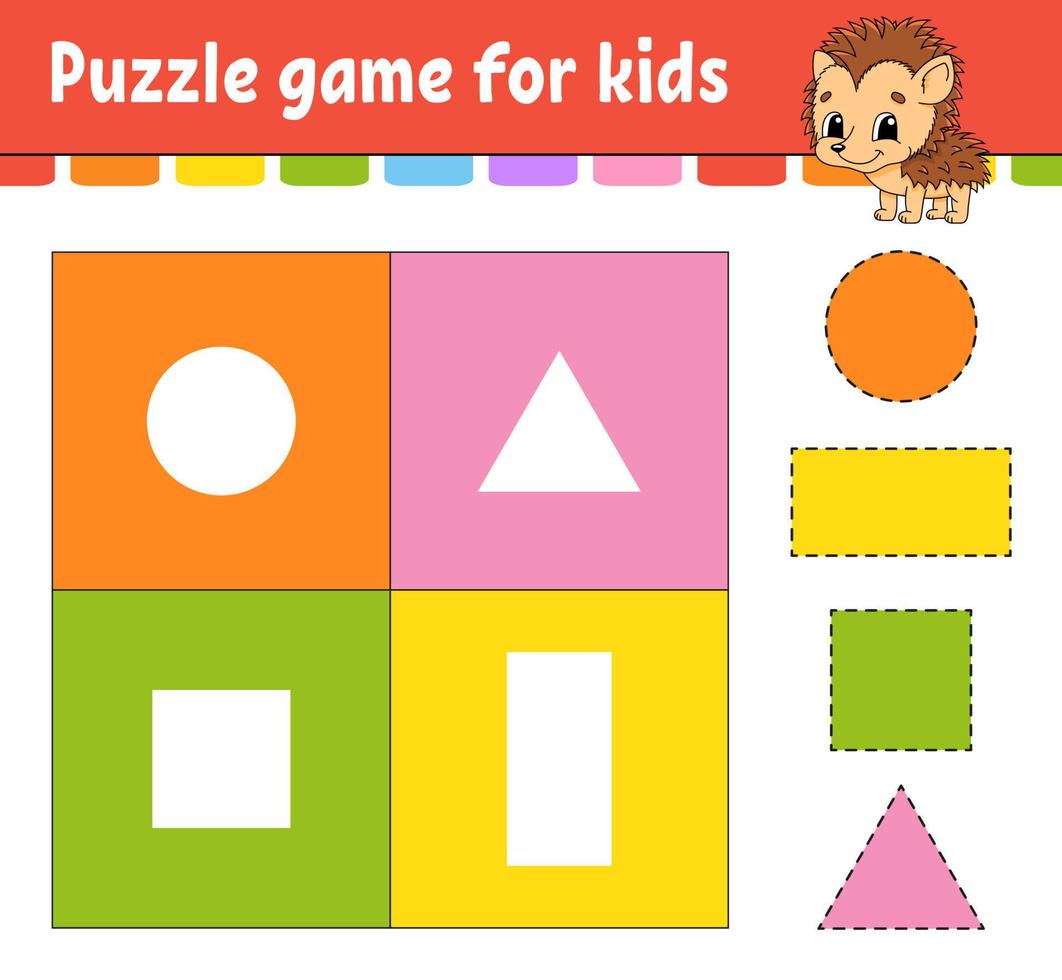 Puzzle game for kids. Cut and paste. Cutting practice. Learning shapes. Education worksheet. Circle, square, rectangle, triangle. Activity page. Cartoon character. vector