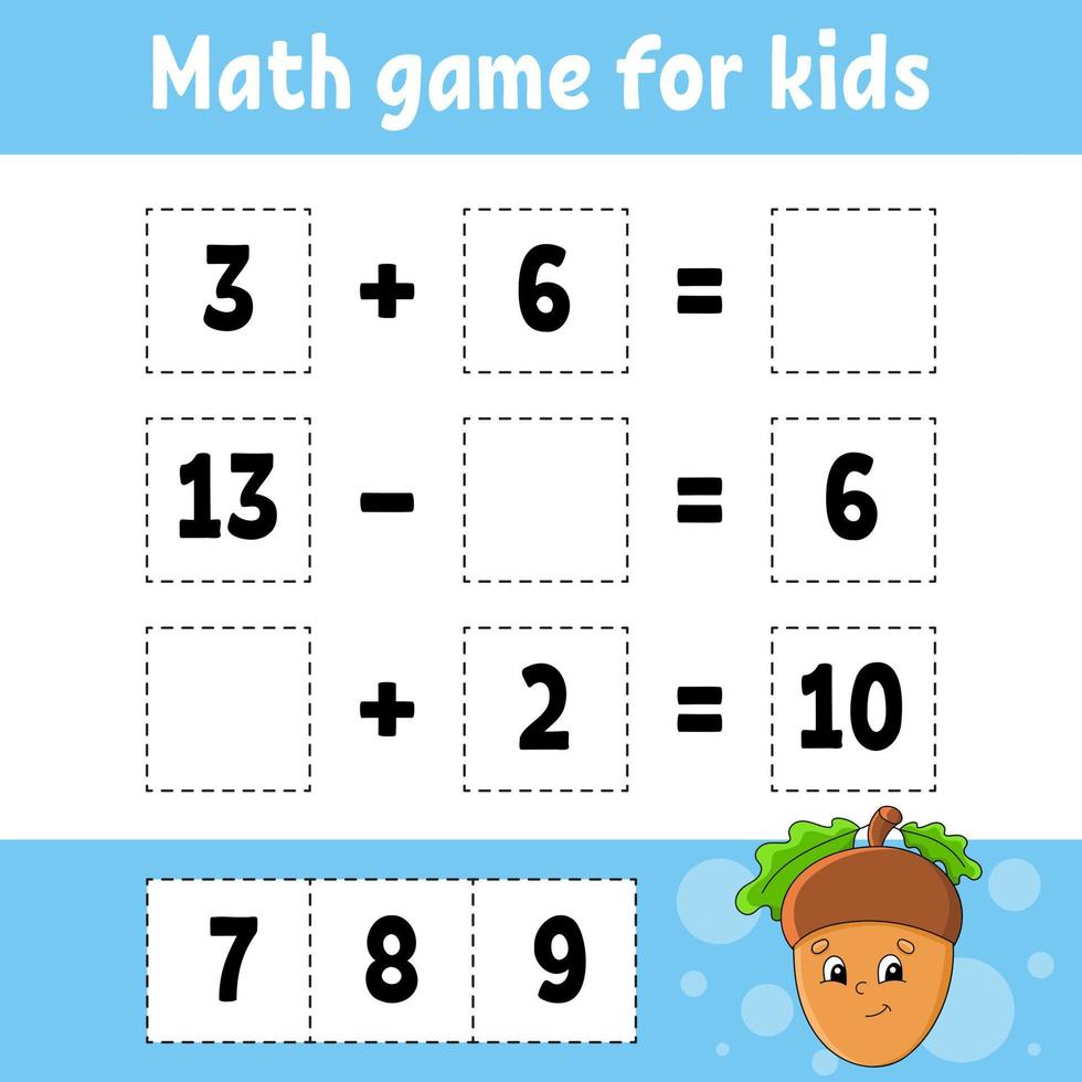 Math game for kids. Education developing worksheet. Activity page with pictures. Game for children. Color isolated vector illustration. Funny character. Cartoon style.