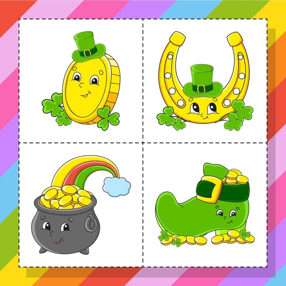Set of stickers with cute cartoon characters. Hand drawn. Colorful pack. Vector illustration. Patch badges collection for kids. St. Patrick's day.